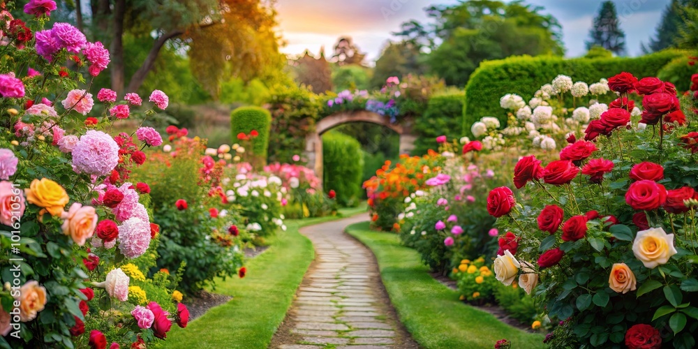 Obraz premium A stone path winds through a vibrant garden, lined with lush greenery and an abundance of blooming roses in shades of pink, red, and white, creating a picturesque scene of natural beauty.