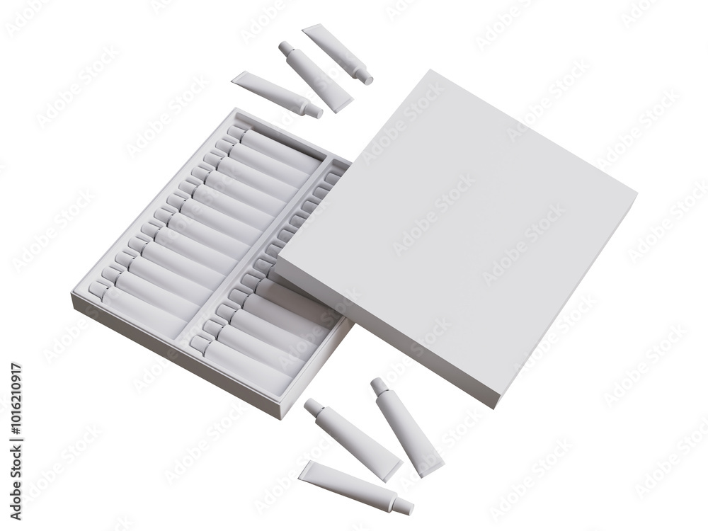 Painter tools set with mockup, acrylic paint in tubes, palette, pallet isolated on white background. Painting equipment for craft art. 3d realistic illustration Painter tools set with mockup, acrylic paint in tubes, palette, pallet isolated on white background. Painting equipment for craft art. 3d realistic illustration