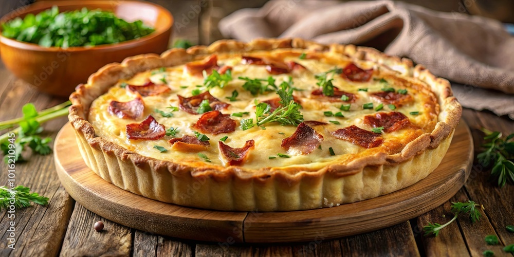 Savory Pastry with Creamy Filling, Topped with Crispy Bacon and Fresh Herbs on Rustic Wooden Surface Savory Pastry with Creamy Filling, Topped with Crispy Bacon and Fresh Herbs on Rustic Wooden Surface