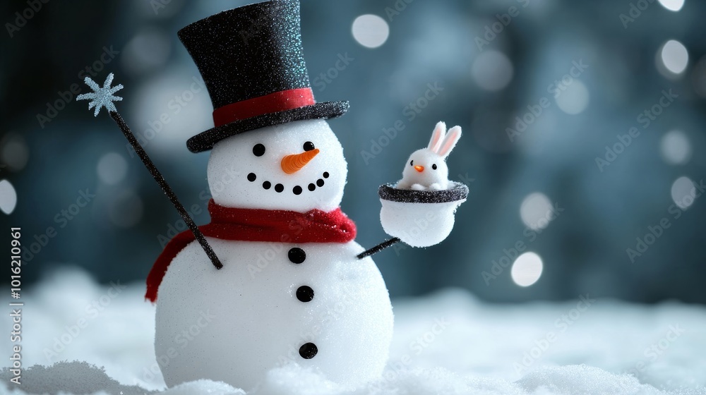 Snowman dressed as a magician with a top hat and wand, pulling a tiny snow bunny from a snow-covered top hat, stars and snowflakes swirling around Snowman dressed as a magician with a top hat and wand, pulling a tiny snow bunny from a snow-covered top hat, stars and snowflakes swirling around