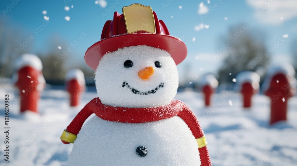 Fototapeta premium Snowman dressed as a firefighter with a tiny red helmet and hose, surrounded by snowy fire hydrants, snowflakes falling gently from a bright blue sky 