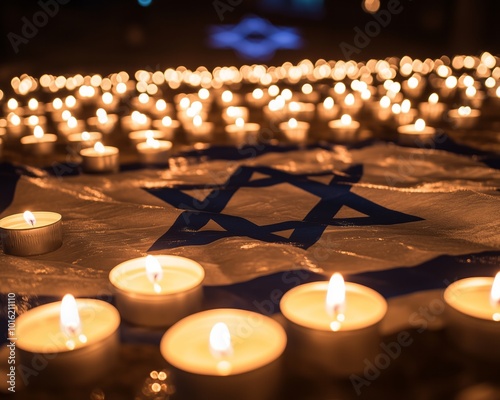 Israeli flag with many lit candles in front, symbolizing remembrance and sadness for those who were lost during Yom Hazikaron  in Israel photo