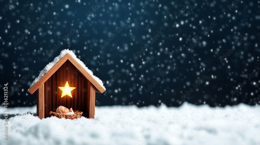Snowy nativity scene with baby Jesus in the manger, glowing star illuminating the snow-covered stable and softly falling snow Snowy nativity scene with baby Jesus in the manger, glowing star illuminating the snow-covered stable and softly falling snow