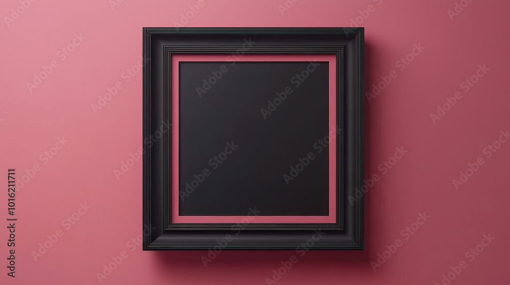 A bold, thick black photo frame is centered against a vibrant pink wall with distinct shadows, showcasing an intriguing contrast of colors and geometric lines.