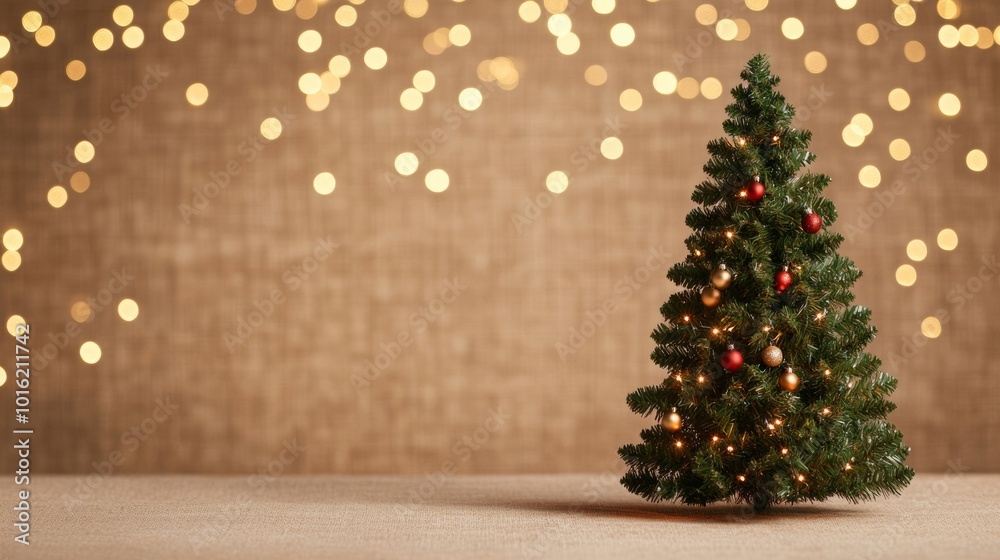 Sparkling Christmas tree in warm tones of gold and red, bokeh light effects glowing against a rustic linen canvas backdrop Sparkling Christmas tree in warm tones of gold and red, bokeh light effects glowing against a rustic linen canvas backdrop