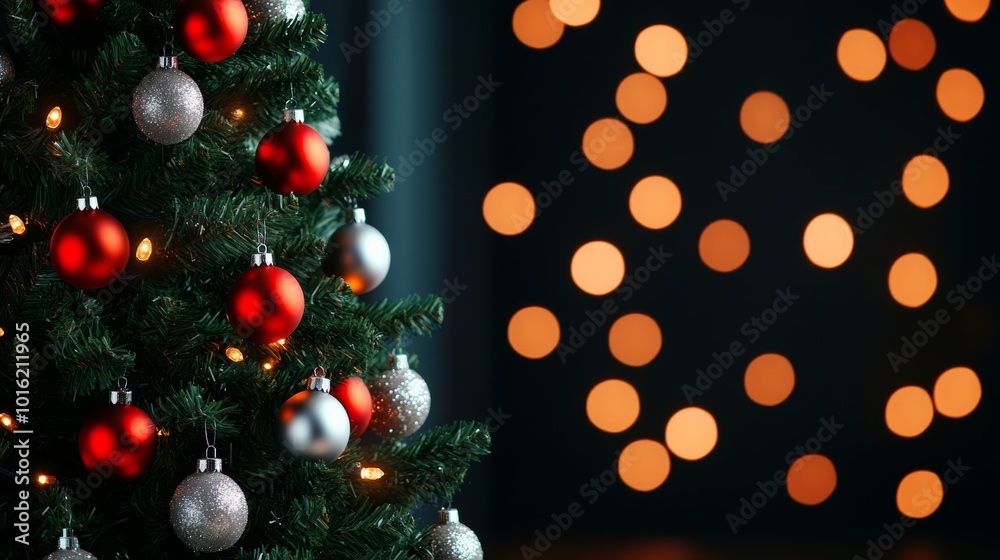 Sparkling Christmas tree with silver and red garlands, softly blurred warm background with glowing bokeh lights Sparkling Christmas tree with silver and red garlands, softly blurred warm background with glowing bokeh lights
