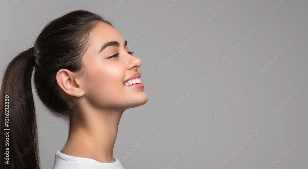 Side profile serene woman smooth skin and long, shiny hair, exuding natural beauty and confidence. Beauty, skincare, or wellness concepts promoting self-care, relaxation, and inner peace. Side profile serene woman smooth skin and long, shiny hair, exuding natural beauty and confidence. Beauty, skincare, or wellness concepts promoting self-care, relaxation, and inner peace.