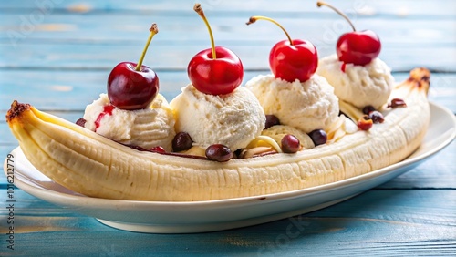 Macro banana split plate with ice cream and cherries