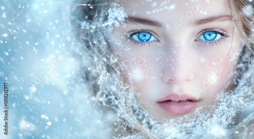 Close-Up Portrait of Woman with Icy Snowflakes on Face and Frozen Blue Eyes - Winter Wonderland Beauty and Frosty Fantasy Concept