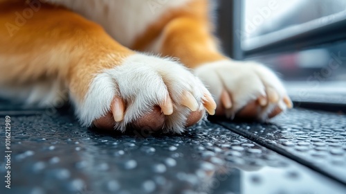 A pair of furry paws rest on a wet surface indoors, with their delicate claws gently settled, evoking notions of calm and tranquility within a cozy setting. photo