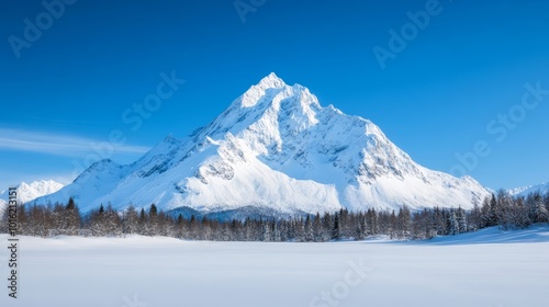 Towering snow-capped peaks with soft morning light over a frozen forest below, with clear blue sky overhead 