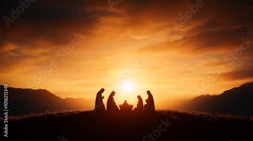 Traditional nativity scene with shepherds and Wise Men gathered around baby Jesus, warm glow from a distant star 