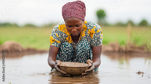 A woman collecting muddy water from a makeshift pond