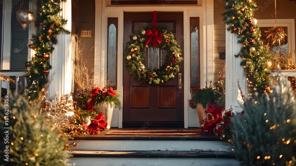 Festive Christmas Decorated Front Porch with Wreath and Garland Lights Festive Christmas Decorated Front Porch with Wreath and Garland Lights