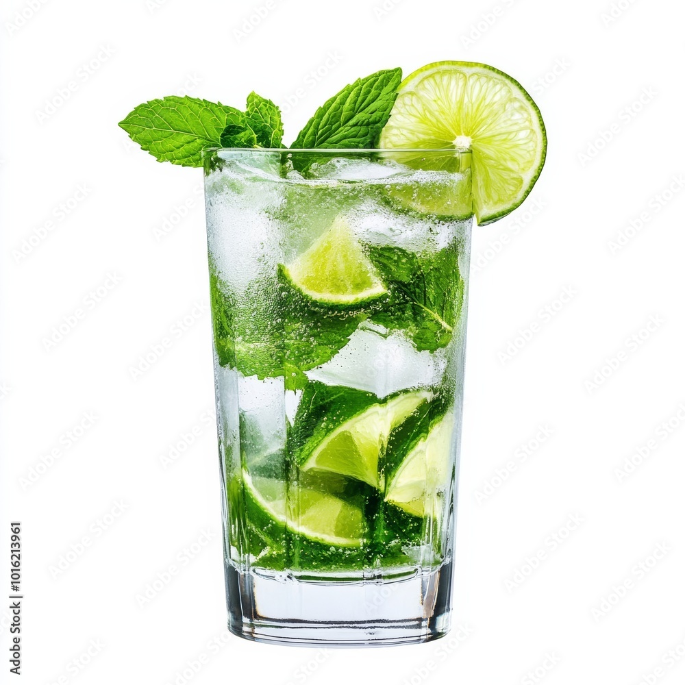 Vibrant mojito cocktail in a highball glass with fresh mint and lime slices isolated on white background Vibrant mojito cocktail in a highball glass with fresh mint and lime slices isolated on white background