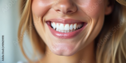 Close-up of a smiling woman's mouth with open lips and visible white healthy teeth. The concept of dental treatment and hygiene. Generative AI