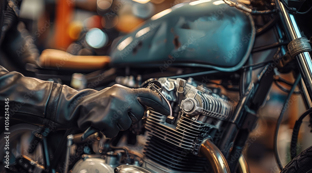 Fototapeta premium A mechanic inspecting a motorcycle engine with tools in hand emphasizing maintenance check.