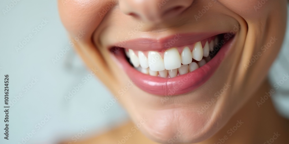 Close-up of a smiling woman's mouth with open lips and visible white healthy teeth. The concept of dental treatment and hygiene. Generative AI