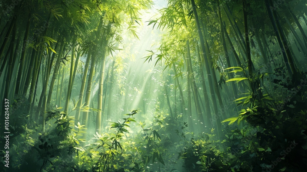 Fototapeta premium Tall bamboo stalks in a dense forest with sunbeams filtering through the foliage .