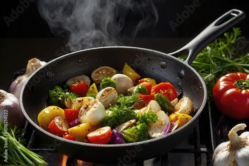 a pan of vegetables cooking on a stove with a steam coming out of the pan
