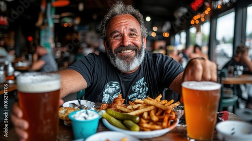 A cheerful man with a full beard relishes a delicious pub meal featuring fries and ales, depicting camaraderie and warm ambiance with hearty food.