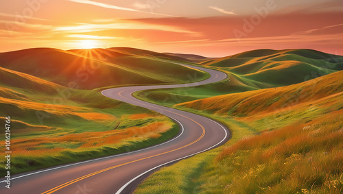 Winding Road Through Lush Green Hills at Sunset 