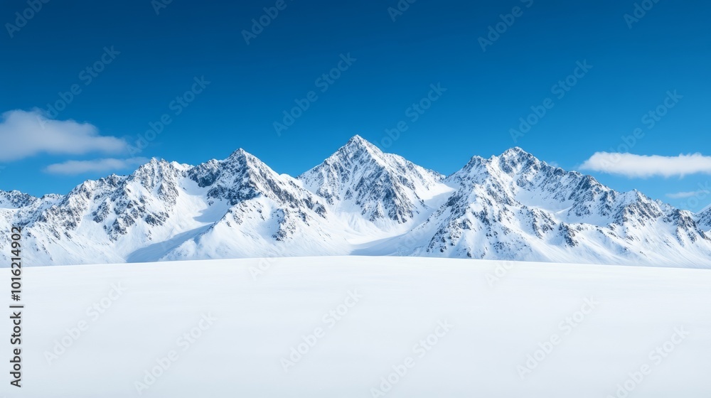 Winter mountain range with dramatic snowy slopes and deep blue sky above untouched snowfields Winter mountain range with dramatic snowy slopes and deep blue sky above untouched snowfields