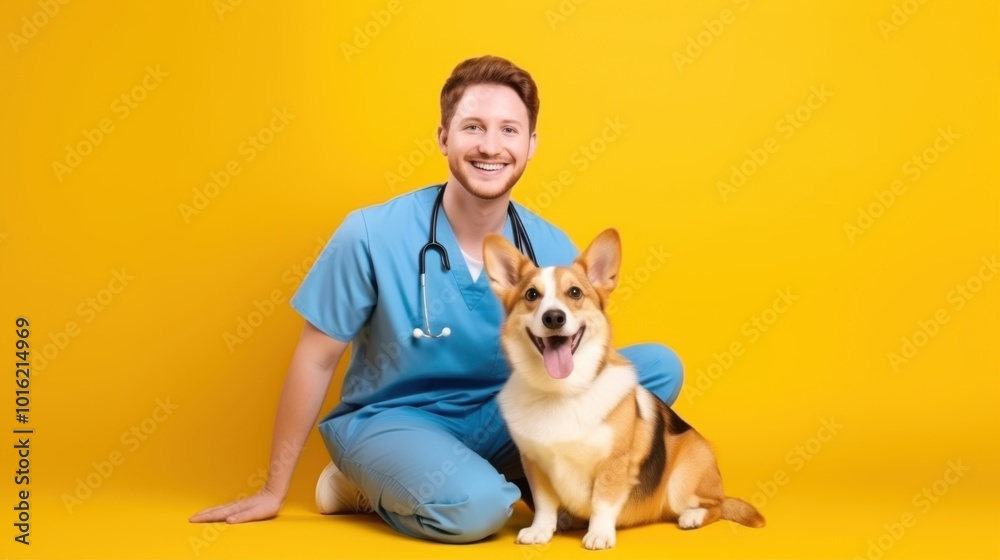 Smiling man in scrubs kneels beside an excited corgi against a vibrant yellow backdrop, exuding joy and warmth. Smiling man in scrubs kneels beside an excited corgi against a vibrant yellow backdrop, exuding joy and warmth.