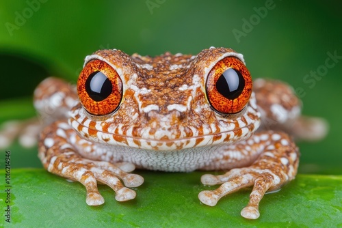 Rana de ojos rojos posada sobre una hoja verde en la selva tropical. La imagen resalta el contraste de colores vivos y la textura detallada de la piel del anfibio, ideal para contenidos sobre biodiver photo