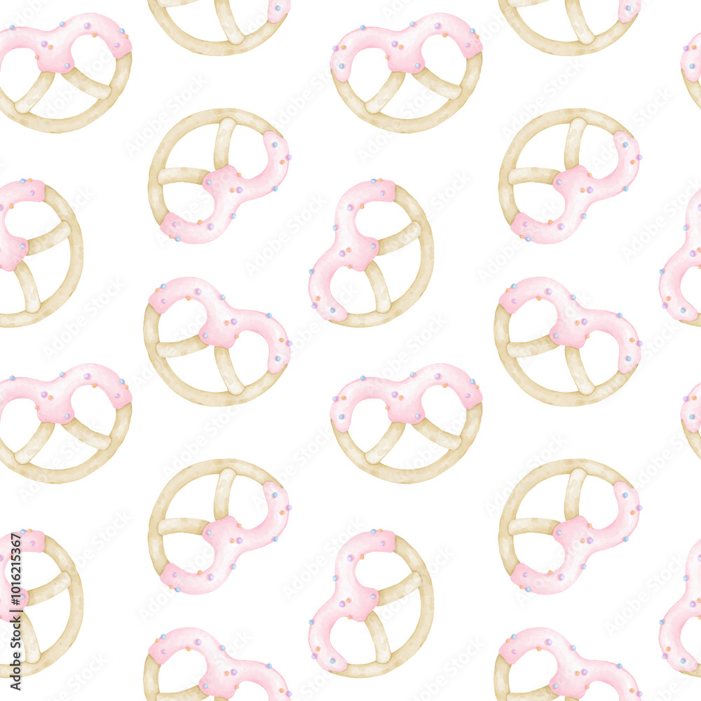 cookies in pink icing and sprinkles. Watercolor seamless pattern on white background in pastel colors for textiles and wrapping paper. Cute illustration for Valentine's Day cookies in pink icing and sprinkles. Watercolor seamless pattern on white background in pastel colors for textiles and wrapping paper. Cute illustration for Valentine's Day