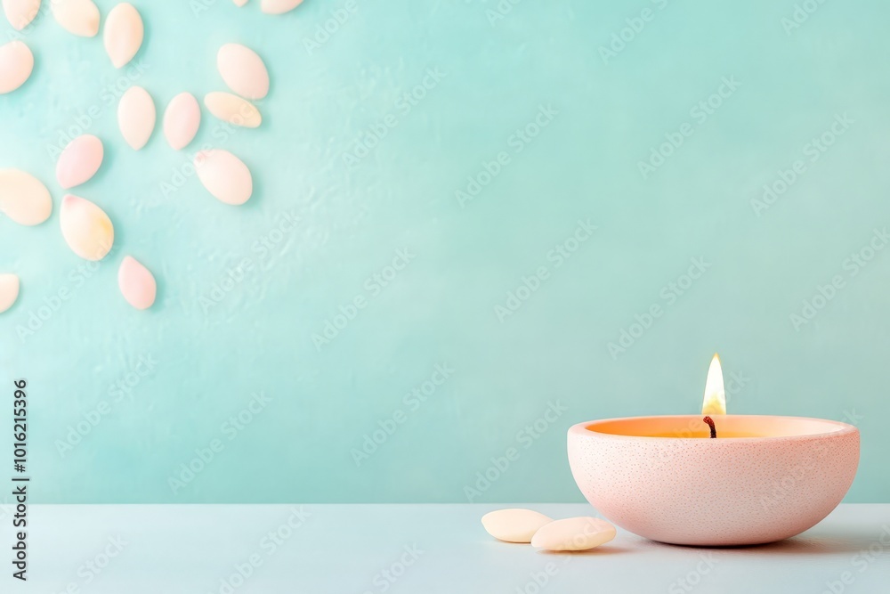Soft pastel-colored candle with petals and calm light on minimal background, ideal for spa, wellness, or relaxation concepts. Soft pastel-colored candle with petals and calm light on minimal background, ideal for spa, wellness, or relaxation concepts.