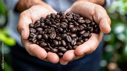 A pair of hands filled with rich, dark roasted coffee beans, foregrounded against a lush green background, representing freshness and harmony with nature.