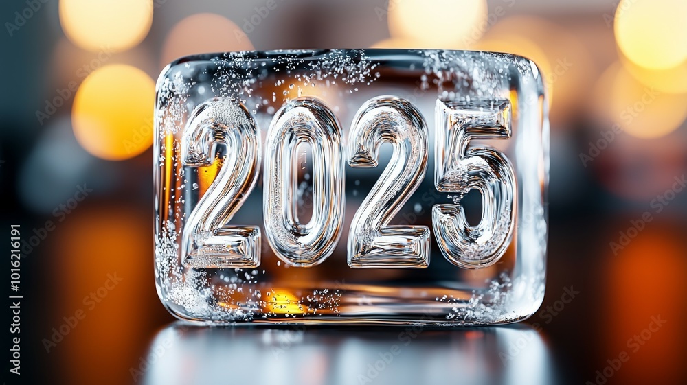 Ice sculpture of the year 2025 glimmering with bubbles against a blurred festive background Ice sculpture of the year 2025 glimmering with bubbles against a blurred festive background