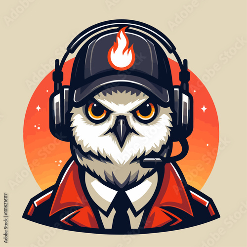 An owl in a headset and red jacket, wearing a cap with flames, combining elements of gaming and nature, symbolizing intelligence and skill.