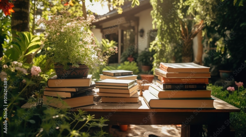 Obraz premium A wooden table with stacks of books is nestled in a lush garden, where sunlight filters through leaves, creating a serene reading nook.