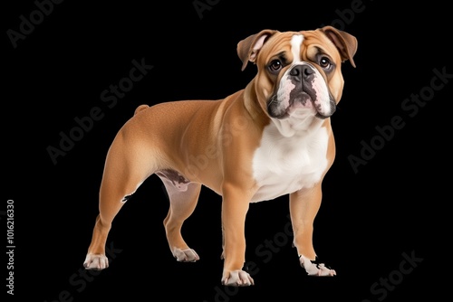 Handsome Bulldog with a brown and white coat standing alert against a black background, showcasing a strong, stocky build and classic breed features. Dog portrait concept