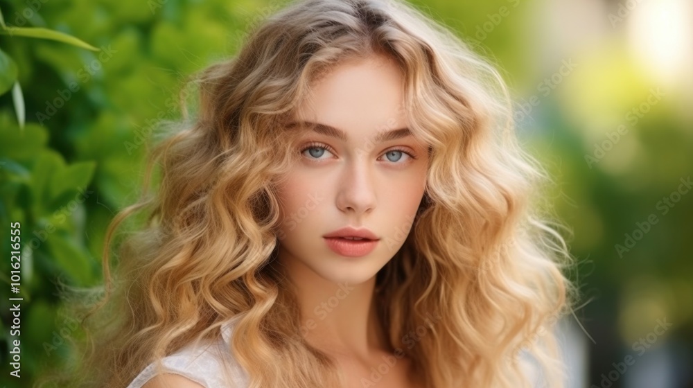 A beautiful woman with wavy light hair and striking blue eyes poses gracefully in a vibrant, sunlit garden. A beautiful woman with wavy light hair and striking blue eyes poses gracefully in a vibrant, sunlit garden.