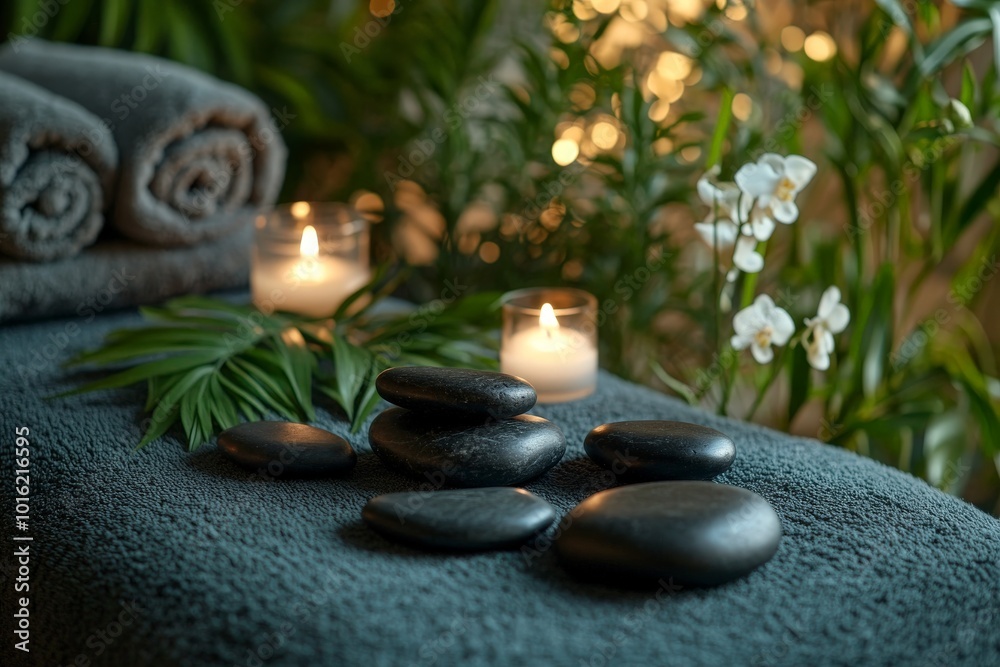 A serene spa still life featuring smooth stones, a lit candle, a soft towel, and delicate flowers, creating a tranquil atmosphere for relaxation and wellness A serene spa still life featuring smooth stones, a lit candle, a soft towel, and delicate flowers, creating a tranquil atmosphere for relaxation and wellness
