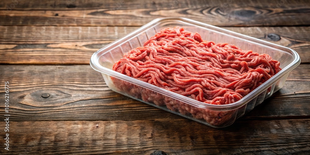 A clear plastic container filled with ground beef, ready for cooking on a rustic wooden surface. A clear plastic container filled with ground beef, ready for cooking on a rustic wooden surface.