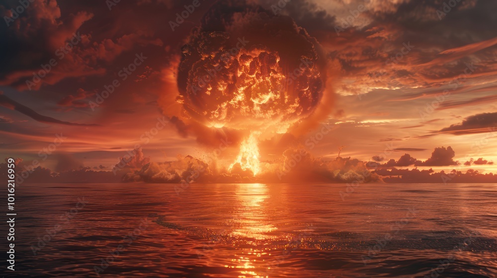 Fiery Nuclear Explosion Over a Calm Sea at Sunset Fiery Nuclear Explosion Over a Calm Sea at Sunset