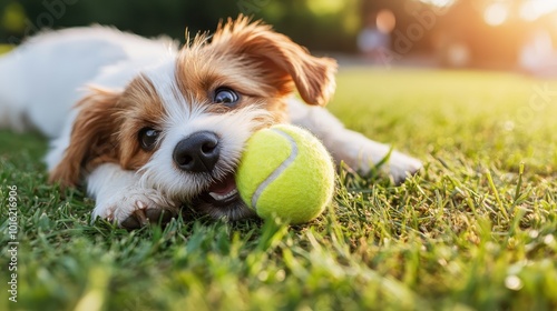 A delightful puppy playfully chewing on a tennis ball, lying on vibrant green grass under the bright sun, evoking a sense of joy and playful energy. photo