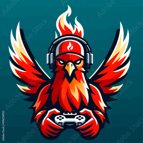 A colorful phoenix wearing headphones, holding a gaming controller, symbolizes gaming passion and fiery energy.