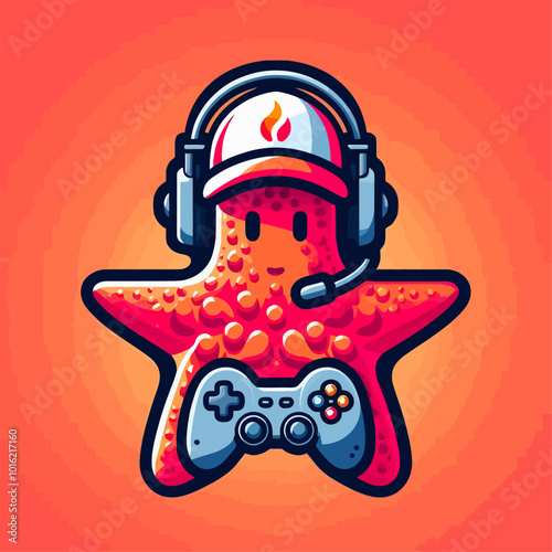 A playful starfish wearing a headset and holding a game controller against a vibrant orange background.