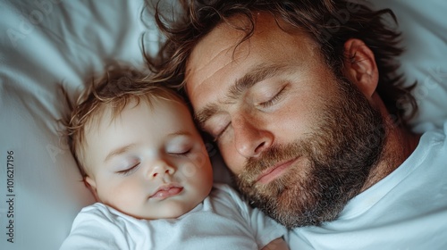 A gentle scene of a father and his baby sleeping in peaceful harmony, wrapped in white, highlighting closeness and the serene calmness of shared dreams. photo