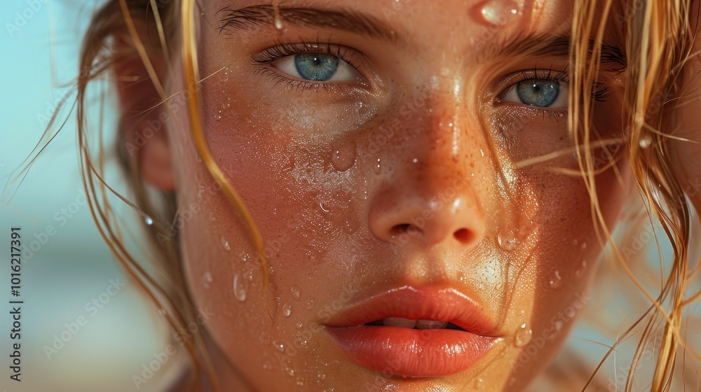 Closeup of a womans face with freckles and vibrant green eyes Closeup of a womans face with freckles and vibrant green eyes
