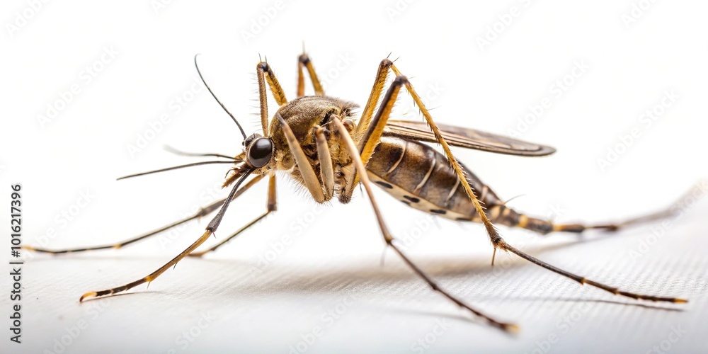 Macro close-up of a mosquito on a white background with leading lines