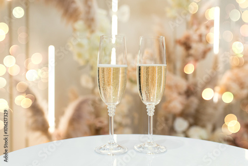 Two glasses of champagne on the table and golden glitter bokeh against blurred background.