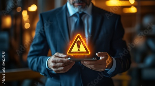 Man in a suit holding a smartphone with a glowing warning symbol photo