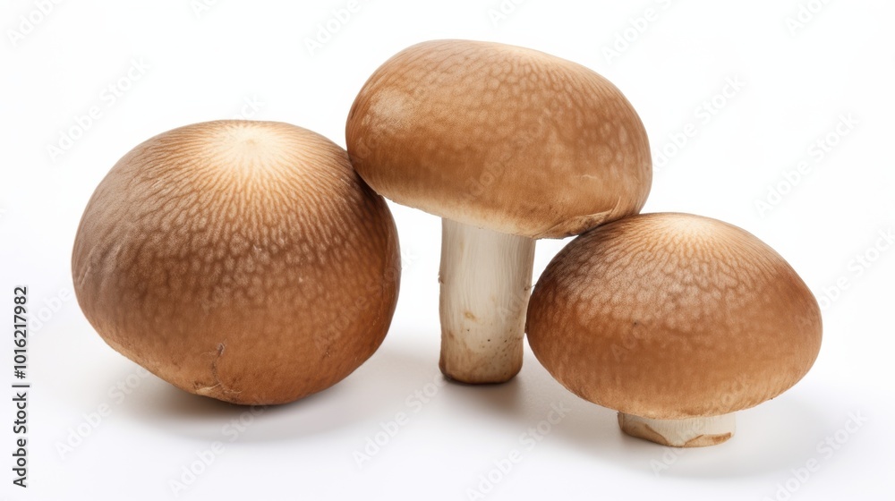 Three fresh porcini mushrooms, earthy and rich in detail, sit against a clean white background, showcasing their natural texture. Three fresh porcini mushrooms, earthy and rich in detail, sit against a clean white background, showcasing their natural texture.
