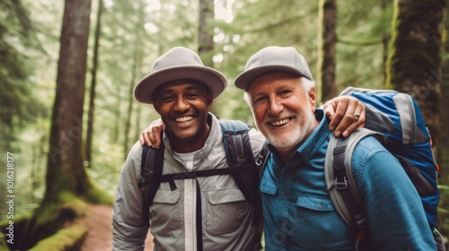 Two elderly men, cheerful and adventurous, hike through a lush green forest, joyfully connecting with nature and each other.